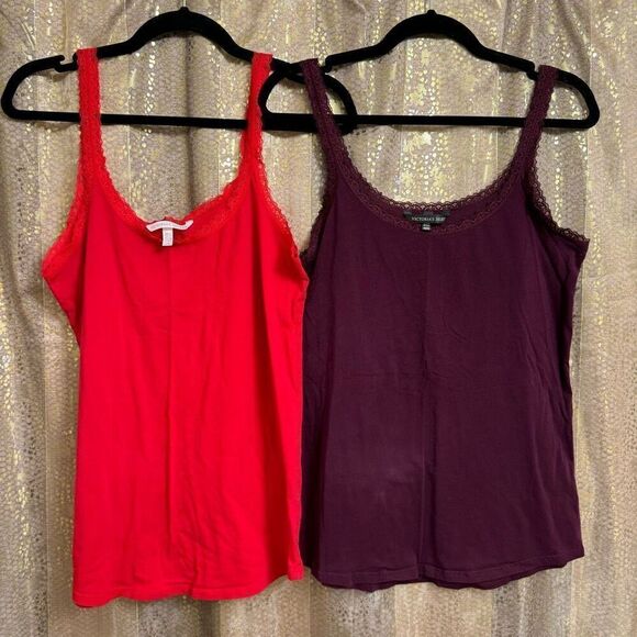 Victorias Secret Set Of 2 Lace Camisole Cotton Tank Tops Red Wine Medium - Picture 1 of 7